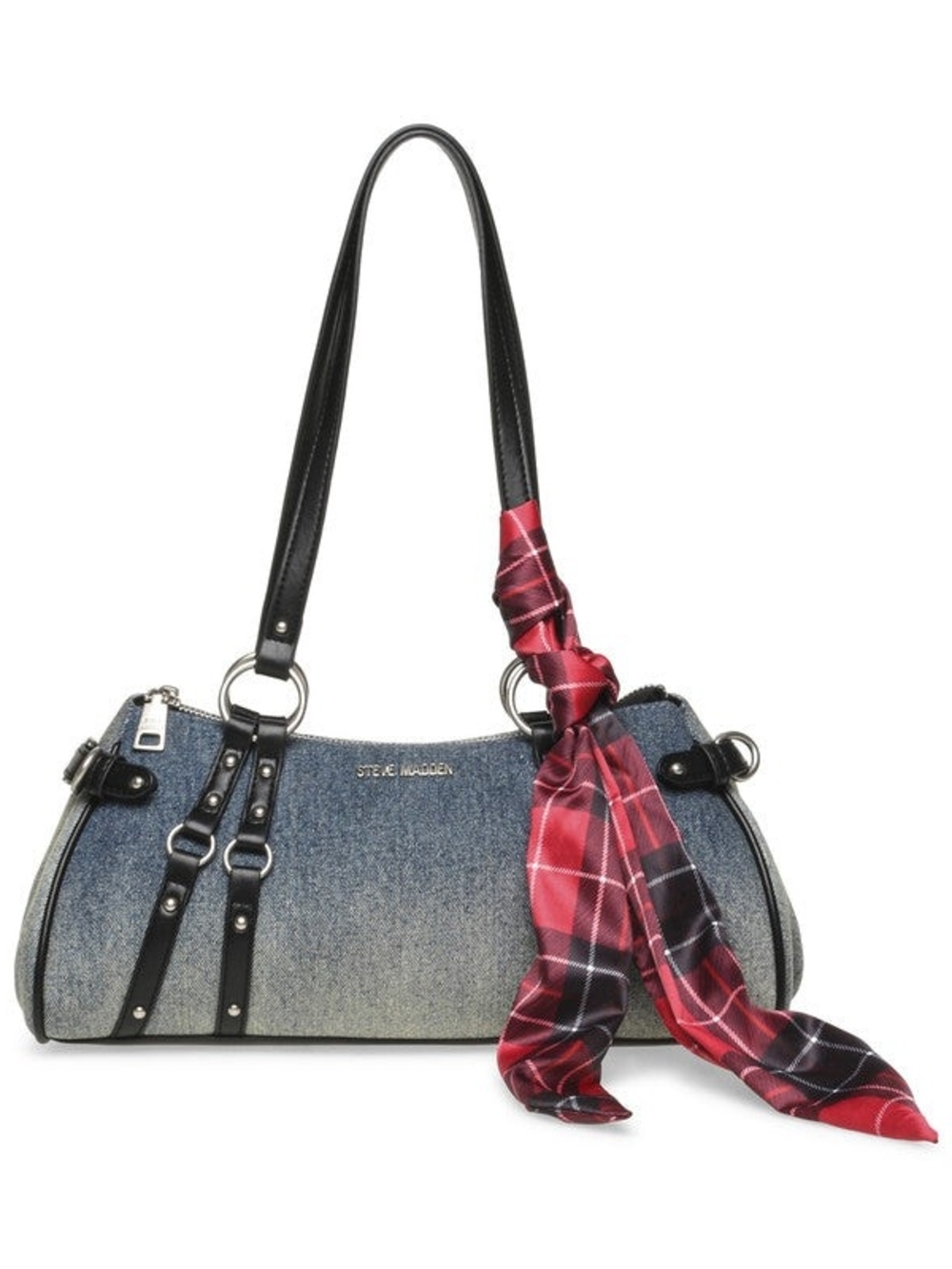 Steve Madden Denim Shoulder Bag with Black Trim and Red Plaid Scarf